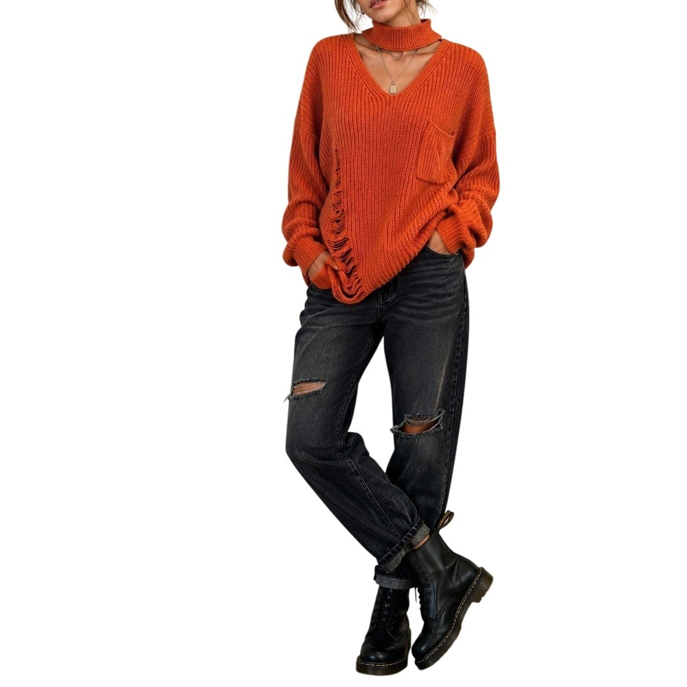 Orange Distressed Knit V-Neck Sweater Women's Size Large Grunge Y2K